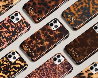 Tortoise Shell Phone Case Gold Monogram Personalized Custom Initials for iPhone 17 16 15 14 13 12 Pro Max MagSafe Galaxy S25 S24 S23 Pixel 9