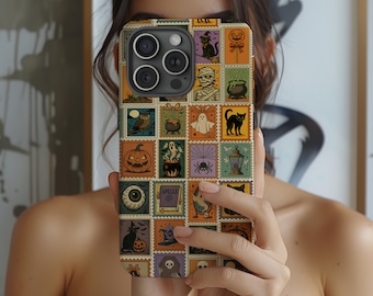 May include: A phone case featuring a collage of Halloween-themed postage stamp designs. The stamps include images of a black cat, pumpkin, owl, ghost, and cauldron, in shades of orange, green, purple, and black. The word "SPELLS" is also visible.