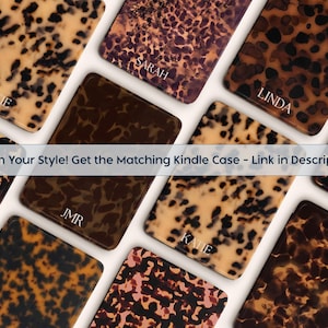 May include: A collection of Kindle cases with various tortoiseshell patterns in shades of brown, tan, and black. Some cases have names or initials in white. The text "Match Your Style! Get the Matching Kindle Case - Link in Description" is also visible.