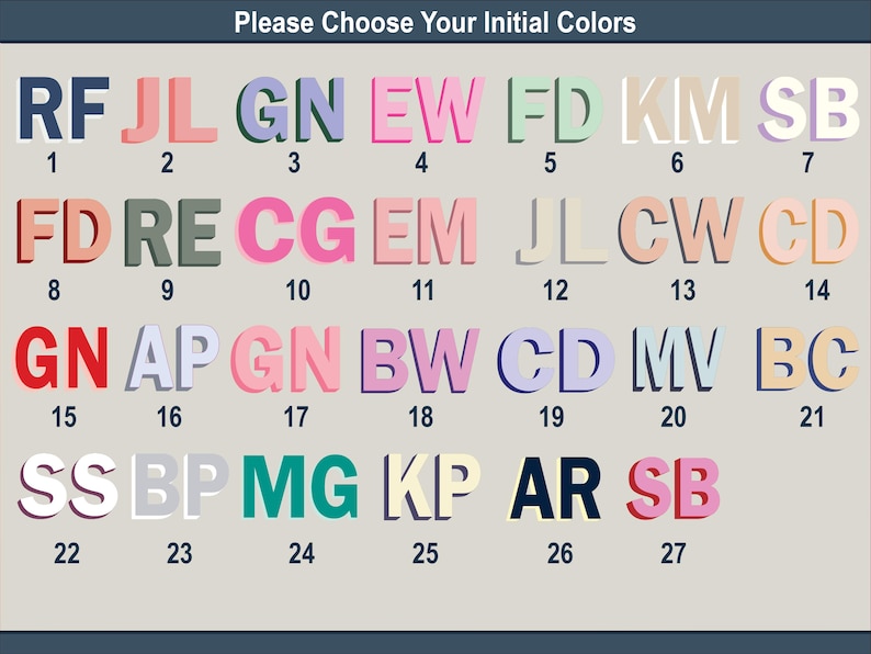 Op de afbeelding: Afbeelding met 27 sets initialen in diverse kleuren, elk met een nummer. De tekst "Please Choose Your Initial Colors" staat bovenaan, wat wijst op aanpassingsopties.