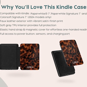 K&ouml;nnte beinhalten: Kindle-H&uuml;lle mit einer Au&szlig;enseite aus Kunstleder mit einem braunen Schildpattmuster. Die H&uuml;lle ist schwarz mit dem Namen "LINDA" auf dem Cover. Der Text auf dem Bild besagt, dass sie mit den Kindle Paperwhite 7" und Signature 7" Modellen kompatibel ist.