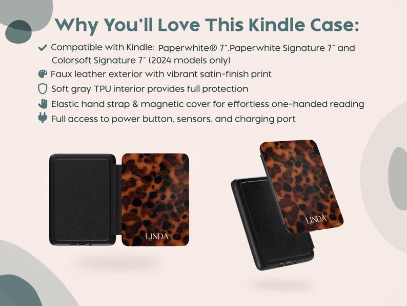 K&ouml;nnte beinhalten: Kindle-H&uuml;lle mit einer Au&szlig;enseite aus Kunstleder mit einem braunen Schildpattmuster. Die H&uuml;lle ist schwarz mit dem Namen "LINDA" auf dem Cover. Der Text auf dem Bild besagt, dass sie mit den Kindle Paperwhite 7" und Signature 7" Modellen kompatibel ist.