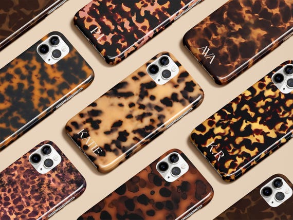 Tortoise Shell Phone Case Monogram Personalized Custom Initials for iPhone 17 16 15 14 13 12 Pro Max Air MagSafe Galaxy S25 S24 S23 Pixel 10