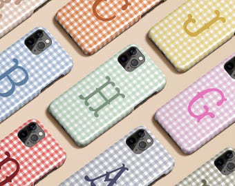 Pastel Gingham Personalized Monogram Initials Checkered Phone Case for iPhone 17 16 15 14 13 12 Pro Max Magsafe Galaxy S25 S24 S23 Pixel 10