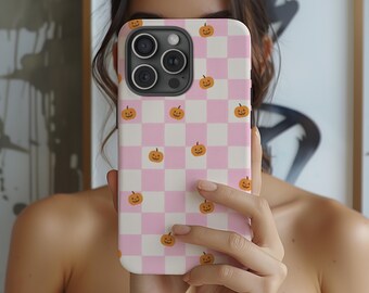 Halloween Pumpkin Phone Case Pink Checkered Jack-o-Lanterns Kawaii Spooky Fall for iPhone 16 15 14 13 12 Pro Max MagSafe S25 S24 S23 Pixel 9