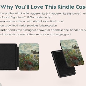 Może przedstawiać: Czarne etui na Kindle z obrazem krajobrazu na okładce. Etui jest otwarte, ukazując Kindle w środku. Tekst na zdjęciu brzmi "Why You'll Love This Kindle Case:" i wymienia funkcje.