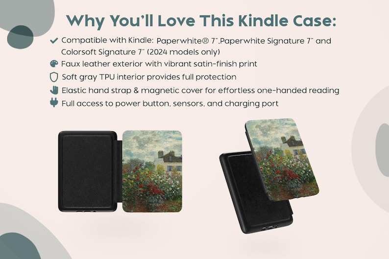 Może przedstawiać: Czarne etui na Kindle z obrazem krajobrazu na okładce. Etui jest otwarte, ukazując Kindle w środku. Tekst na zdjęciu brzmi "Why You'll Love This Kindle Case:" i wymienia funkcje.