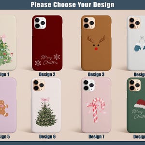 May include: A collection of eight phone cases with Christmas-themed designs. The cases feature illustrations of a Christmas tree, reindeer, mittens, gingerbread man, candy cane, and Santa hat. The cases come in various colors, including beige, red, brown, white, pink, and green.