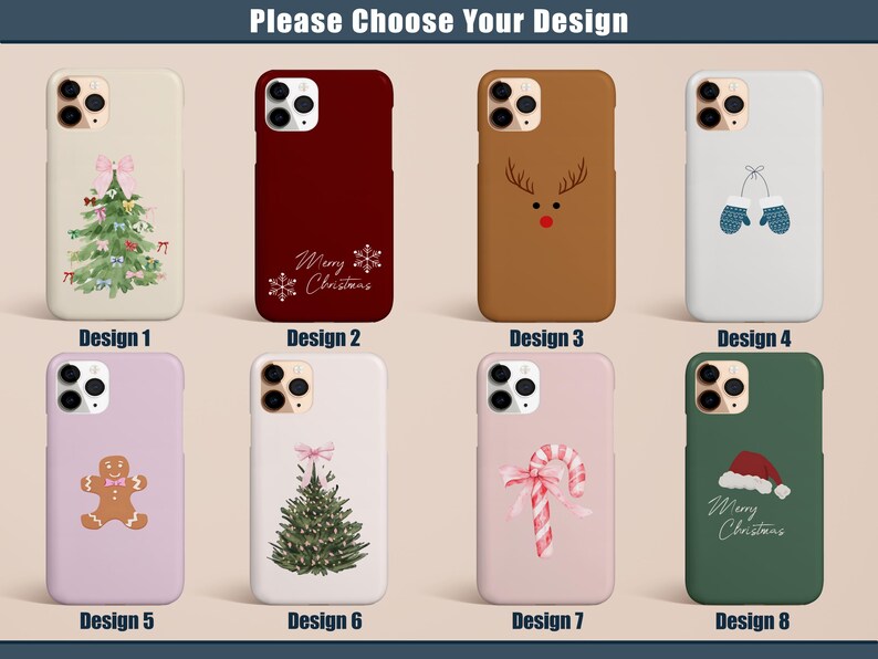 May include: A collection of eight phone cases with Christmas-themed designs. The cases feature illustrations of a Christmas tree, reindeer, mittens, gingerbread man, candy cane, and Santa hat. The cases come in various colors, including beige, red, brown, white, pink, and green.