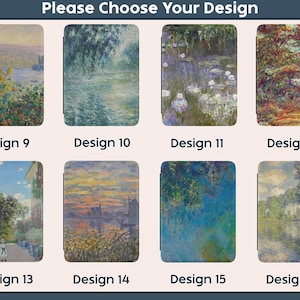 Może przedstawiać: Obraz przedstawiający osiem prostokątnych produkt&oacute;w, każdy z innym obrazem impresjonistycznym. Produkty są oznaczone tekstem "Please Choose Your Design" i ponumerowane od 9 do 16. Obrazy przedstawiają krajobrazy i sceny wodne.