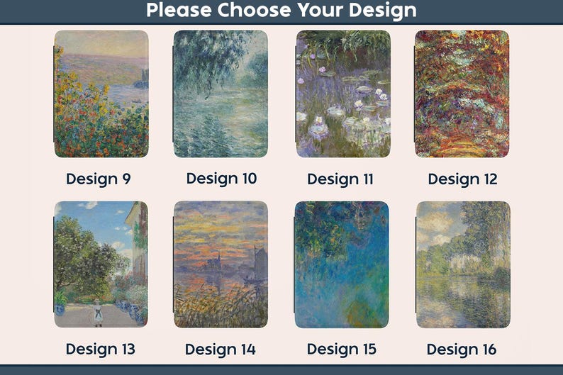 Może przedstawiać: Obraz przedstawiający osiem prostokątnych produkt&oacute;w, każdy z innym obrazem impresjonistycznym. Produkty są oznaczone tekstem "Please Choose Your Design" i ponumerowane od 9 do 16. Obrazy przedstawiają krajobrazy i sceny wodne.