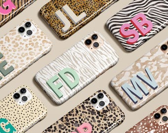 Personalized Monogram Initials Case Leopard Cheetah Zebra for iPhone 16 15 14 13 12 11 Max Pro Magsafe Galaxy S25 S24 S23 S22 Pixel 6 7 8 9