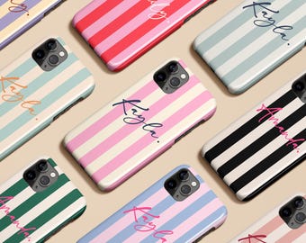 Stripe Monogram Initials Custom Name Phone Case for iPhone 17 16 15 14 13 12 11 Pro Max Plus Magsafe Galaxy S25 S24 S23 S22 S21 Pixel 10 9 8