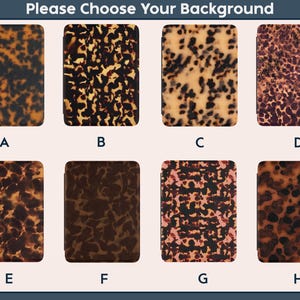 Op de afbeelding: Een afbeelding met acht rechthoekige achtergronden met schildpadpatronen in verschillende tinten bruin, zwart en beige. De tekst "Please Choose Your Background" staat bovenaan. Elke achtergrond is gemarkeerd met een letter van A tot H.