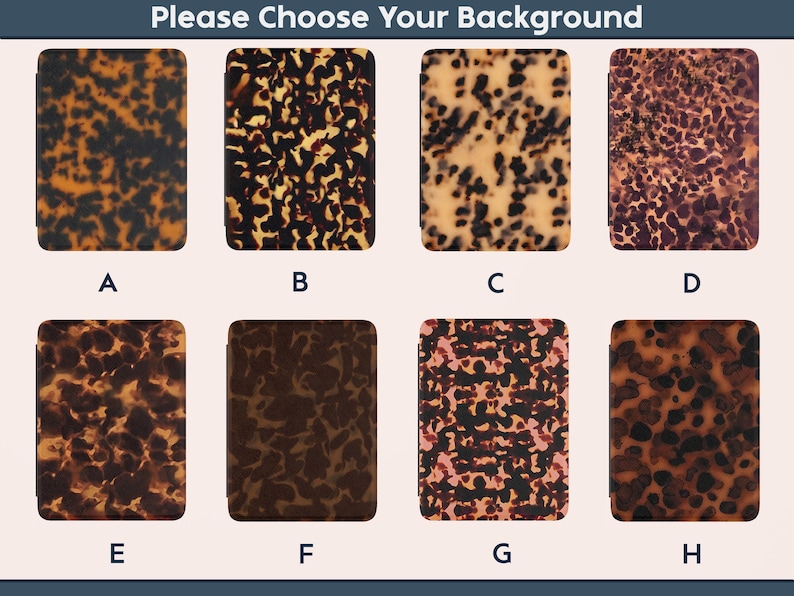 Op de afbeelding: Een afbeelding met acht rechthoekige achtergronden met schildpadpatronen in verschillende tinten bruin, zwart en beige. De tekst "Please Choose Your Background" staat bovenaan. Elke achtergrond is gemarkeerd met een letter van A tot H.
