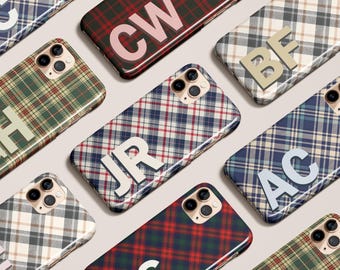 Plaid Checkered Tartan Phone Case Custom Monogram Initial Personalized Case iPhone 17 16 15 14 13 12 11 Pro Max Magsafe Galaxy S25 S24 Pixel
