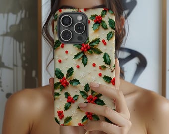 Christmas 3D Effect Phone Case Holly Berry Snowflake Holiday Winter For iPhone 17 16 15 14 13 12 Max Pro Magsafe Galaxy S25 S24 Ultra Pixel