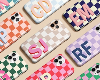 Checkered Personalized Monogram Custom Initial Phone Case for iPhone 17 16 15 14 13 12 Pro Max Air Magsafe Galaxy S25 S24 S23 S22 Pixel 10 9