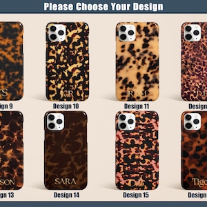 May include: A collection of eight phone cases with various tortoiseshell patterns. Each case features a unique design, with personalized initials or names in gold lettering. The cases are available in different shades of brown and tan.