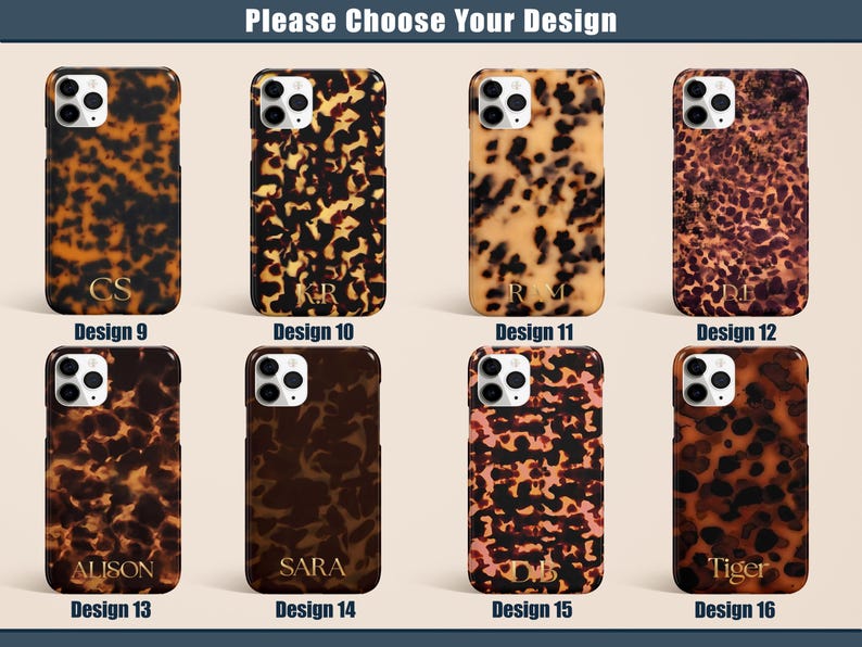 May include: A collection of eight phone cases with various tortoiseshell patterns. Each case features a unique design, with personalized initials or names in gold lettering. The cases are available in different shades of brown and tan.