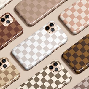 Beige Checkered Phone Case Neutral Brown for iPhone 16 15 14 13 12 11 Max Pro Plus Magsafe Galaxy S25 S24 S23 S22 S21 S20 Ultra Pixel 7 8 9