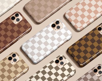 Beige Checkered Phone Case Neutral Brown for iPhone 17 16 15 14 13 12 11 Pro Max Air Plus Magsafe Galaxy S25 S24 S23 S22 Ultra Pixel 8 9 10