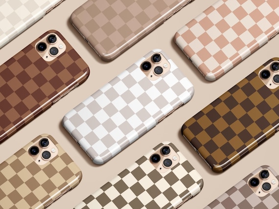 Beige Checkered Phone Case Neutral Brown for iPhone 17 16 15 14 13 12 11 Pro Max Air Plus Magsafe Galaxy S25 S24 S23 S22 Ultra Pixel 8 9 10
