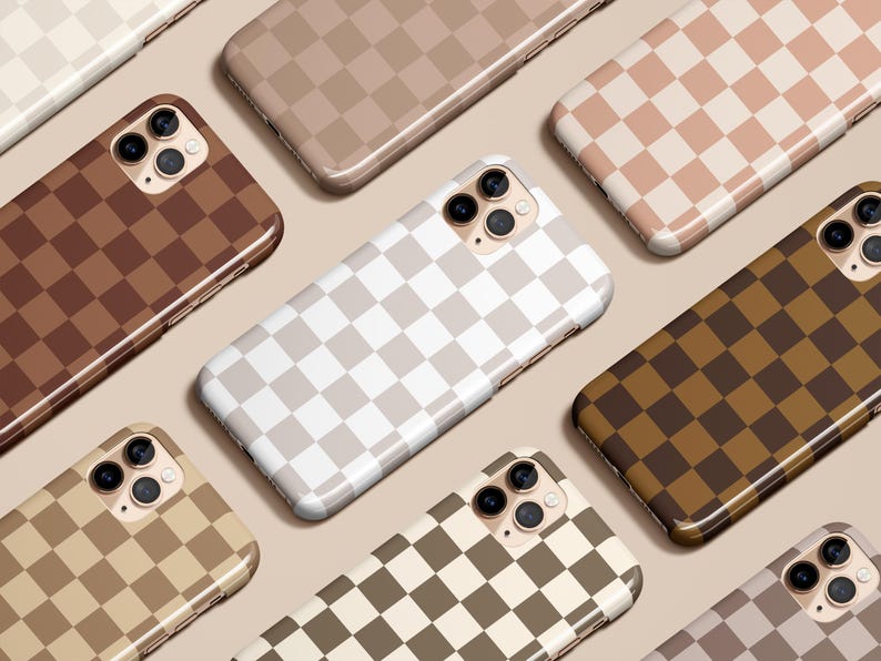 Beige Checkered Phone Case Neutral Brown for iPhone 17 16 15 14 13 12 11 Pro Max Air Plus Magsafe Galaxy S25 S24 S23 S22 Ultra Pixel 8 9 10 image 1