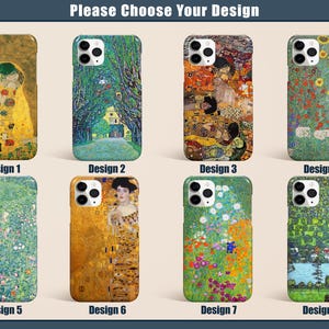 May include: Eight phone cases with different designs are displayed. The cases feature artwork by Gustav Klimt, including "The Kiss" and other paintings with floral and landscape themes. The text "Please Choose Your Design" is at the top.