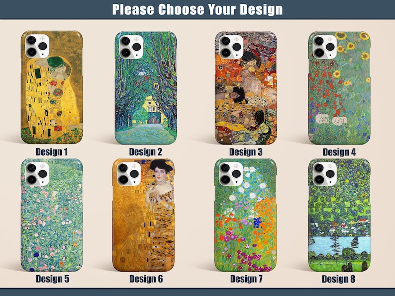 May include: Eight phone cases with different designs are displayed. The cases feature artwork by Gustav Klimt, including "The Kiss" and other paintings with floral and landscape themes. The text "Please Choose Your Design" is at the top.