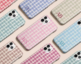 Gingham Plaid Custom Initial Christmas Phone Case Winter Monogram Case iPhone 17 16 15 14 13 12 Pro Max Magsafe Galaxy S25 S24 Ultra Pixel 9