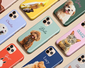 Custom Pet Personalized Dog Portrait Custom Dog Cat Name Case iPhone 17 16 15 14 13 12 11 Pro Max Air Magsafe Galaxy S25 S24 S23 Pixel 10 9