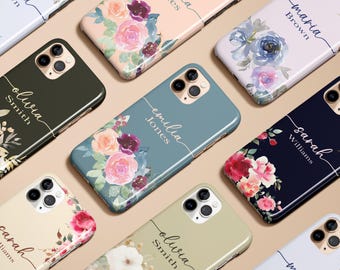 Floral Custom Name Monogram Case Flower Botanical for iPhone 16 15 14 13 12 11 Max Pro Plus Magsafe Galaxy S25 S24 S23 S22 S21 Ultra Pixel