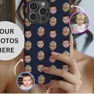 May include: A navy blue phone case featuring a pattern of baby faces. The case has a black camera module and a circular area with the text "YOUR PHOTOS HERE". Two inset photos of babies are also visible.