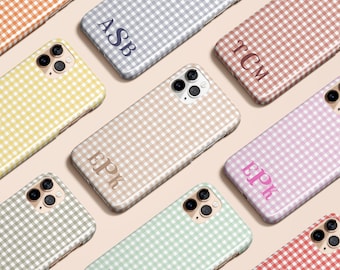 Personalized Pastel Gingham Checkered Monogram Initials Case for iPhone 16 15 14 13 12 11 Max Pro Magsafe Galaxy S24 S23 S22 S21 Pixel 7 8 9