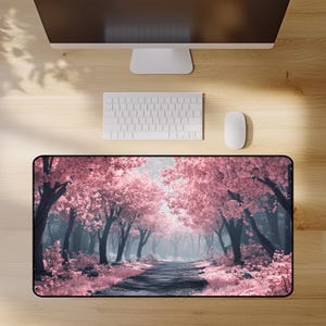 Cherry Blossom Forest Desk Mat, Sakura Desk Mat, Pink Desk Organizer, Japanese Desk Mat, Forest Path xl Gaming Mat, Botanical Office Decor