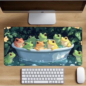 Frog Desk Mat, Frogs in a Tub in the Forest, Cute Desk Pad, Anime Desk Mat, Kawaii Gaming Mat, Cute Green Desk Mat, Extra Large Mouse Pad