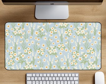 Floral Desk Mat, Cottagecore White Daisy Print, Light Blue Office Decor