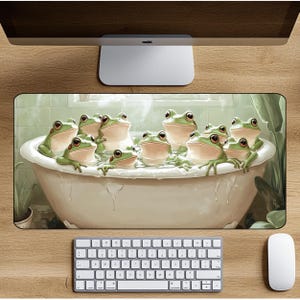 Frog Desk Mat, Cute Green Frogs having a bath Desk Pad, Nature Desk Mat, Anime Desk Mat, Extra Large Keyboard Mouse Pad for Work and Gaming