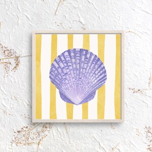 Purple Seashell Print With Yellow Stripe Background, Coastal Art, Beach ...