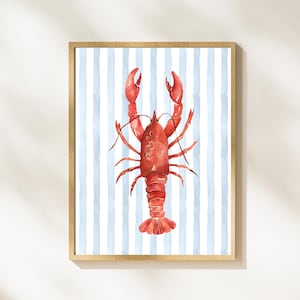 Lámina de langosta en acuarela, arte de rayas costeras (descarga digital)