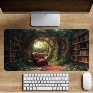Forest Library Desk Mat, Bookish Desk Mat, Whimsical Library with Reading Chair, Book Lovers Office Decor for Work or Gaming, Bookshelves