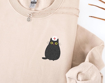 Funny Cute Embroidered Nurse Cat Sweatshirt, Nurse Embroidery Crewneck, Nursing Funny Sweater, Embroidered Nurse Gift, Cat Embroidered