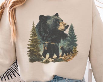 Retro Bears in Forest Sweatshirt, 90s Vintage Nature Scene Sweater, 90s Bears Forest Nature Crewneck, Americana Nostalgia Bear Sweater