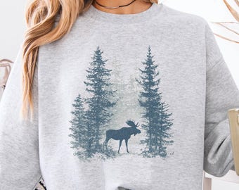 Retro Moose in Forest Unisex Sweatshirt, 90s Vintage Moose Sweater, 90s Moose Nature Crewneck, Americana Nostalgia Moose Sweater