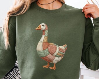 Printed Patchwork Goose Unisex Sweatshirt, Printed Quilt Style Goose Crewneck, Faux Patchwork Goose Sweater