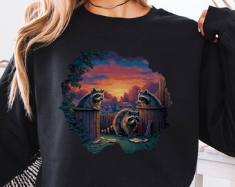 Retro Raccoon Sunset Sweatshirt, 90s Vintage Trash Cans Raccoon Sweater, 90s Raccoon Nature Crewneck, Americana Nostalgia Raccoon Sweater