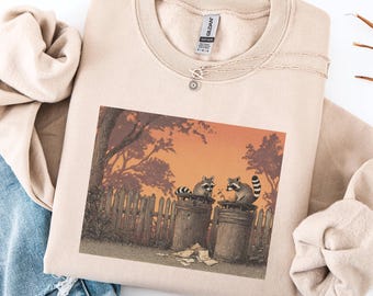 Retro Raccoon Sunset Sweatshirt, 90s Vintage Trash Cans Raccoon Sweater, 90s Raccoon Nature Crewneck, Americana Nostalgia Raccoon Sweater
