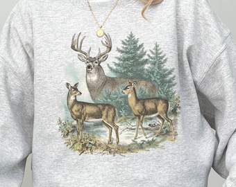 Retro Deer in Forest Sweatshirt, 90s Vintage Nature Scene Sweater, 90s Deer Forest Nature Crewneck, Americana Nostalgia Deer Sweater