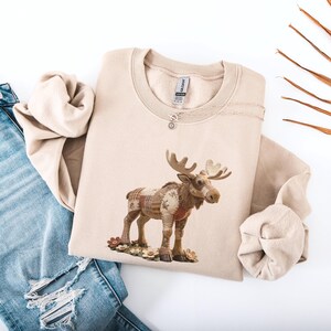 Printed Patchwork Style Moose Unisex Sweatshirt, Faux 3D Boho Patchwork Moose Crewneck, Printed Moose Camping Adventure Sweater